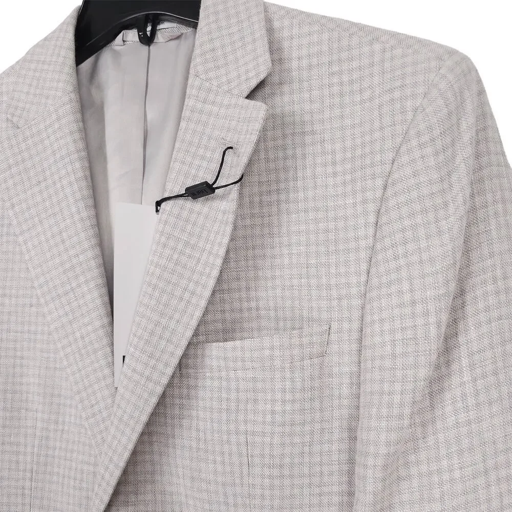 Bar III Mens Slim Fit Sport Coat Blazer 38S Natural Tan Grey Check Cotton Linen